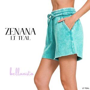 4341 🌻ZENANA Light Teal Acid Wash Fleece Drawstring Shorts